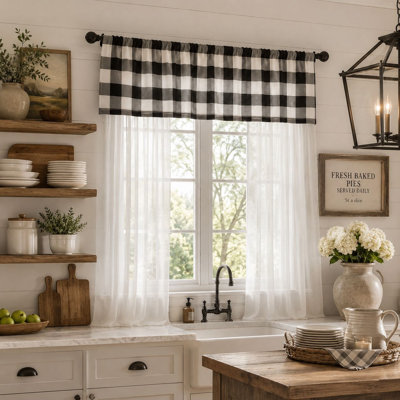  3 Piece Country Farmhouse Black And White Buffalo Plaid Sheer Curtains & Valance Set