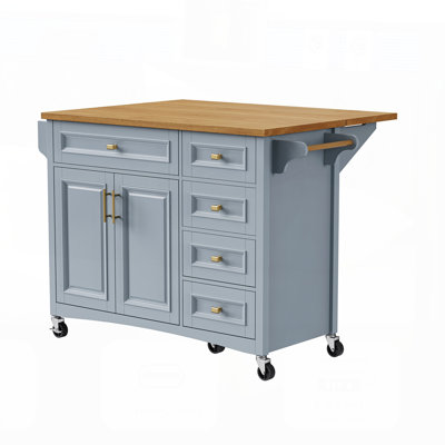 52 Inch Kitchen Island with Drop Leaf, Embossed Texture, Wheels, Spice Rack, Towel Rack, and Multiple Drawers for Enhanced Storage and Mobility
