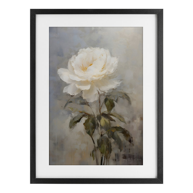 Gros plan sur une rose blanche, reproduction sous verre, design by Creative Studio, H 20 po x l 14 po, Cadre noir minuit