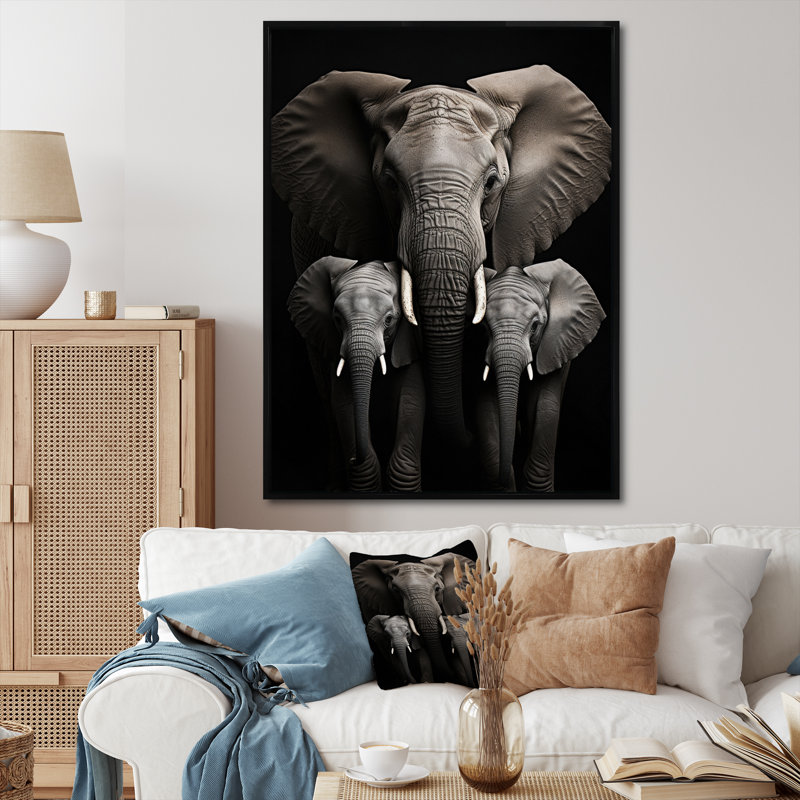 Éléphant noir et blanc Laciana, H 40 po x l 30 po x P 1,5 po, Cadre flottant noir