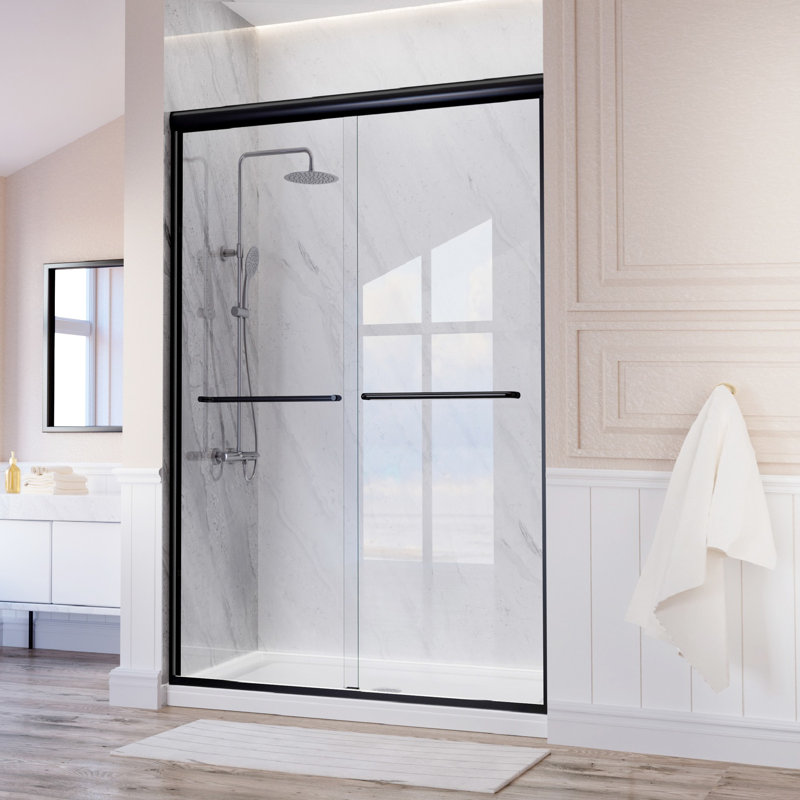 44" - 48'' W X 72'' H Double Sliding Door Semi-Frameless Shower Door With Two Black Towel Bars, Clear