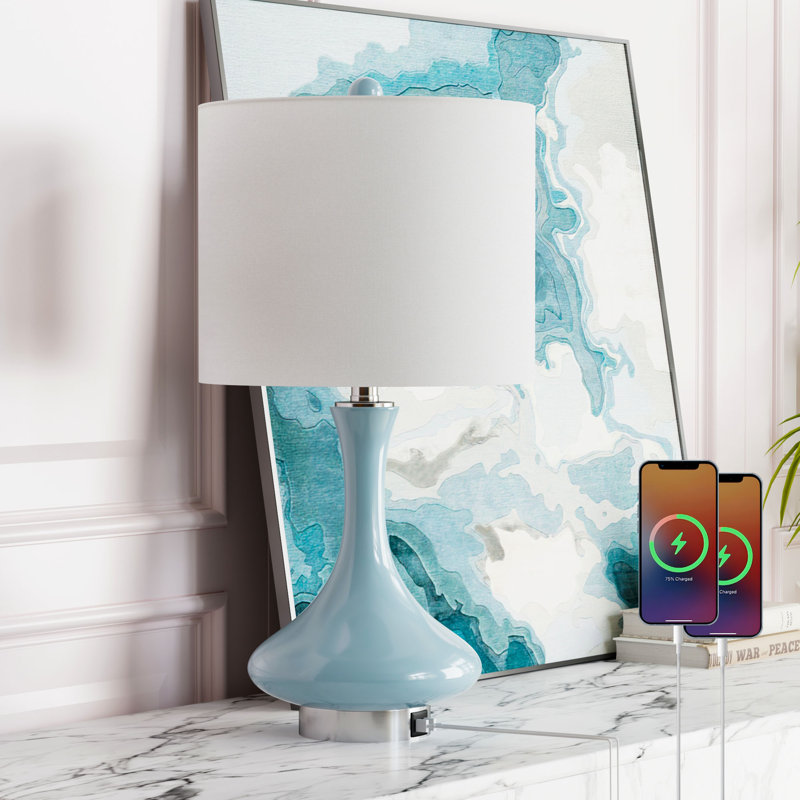 23.5" Blue Ceramic Table Lamp with USB & Type-C Ports and Pre-Assembled Linen Shade, Blue
