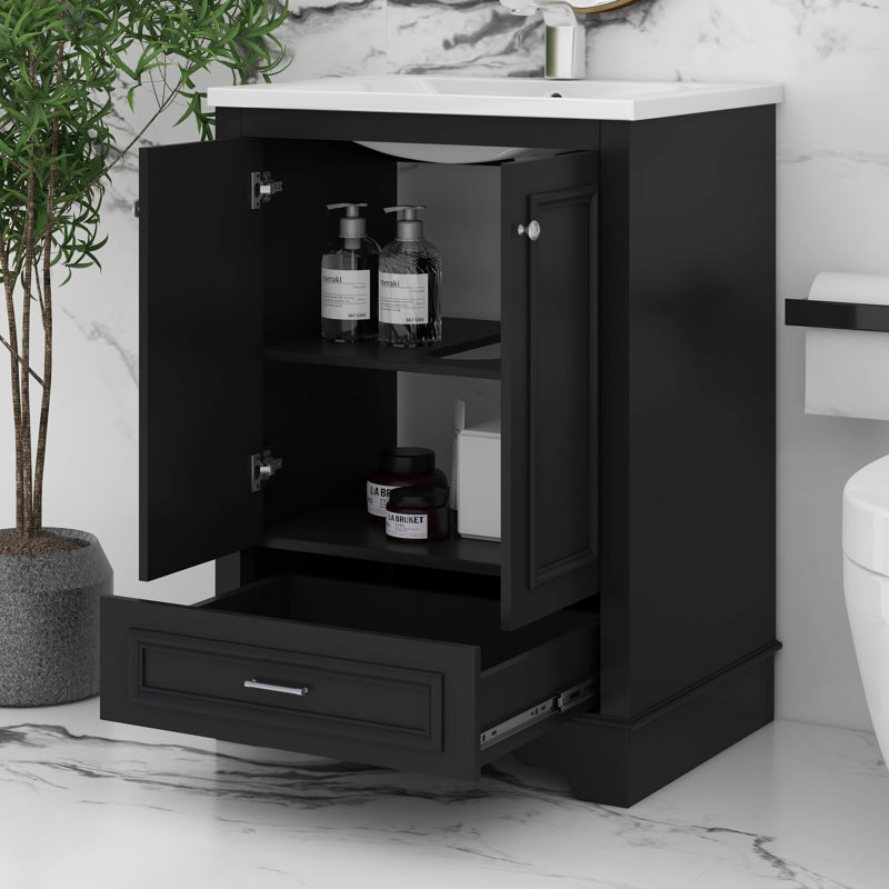 Meuble-lavabo 24 po avec lavabo, meuble-lavabo en bois avec tablette réglable et 1 tiroir inférieur, Noir