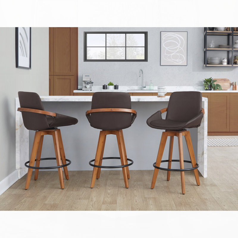 Tabouret de bar pivotant à hauteur fixe, en bambou en noyer et similicuir marron, avec repose-pieds ronds en métal noir, lot de 1