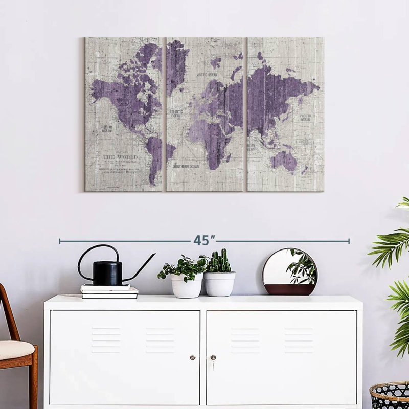 «Old World Map», impression murale sur toile mauve et grise, H 24 po x l 38 po x P 1,25 po