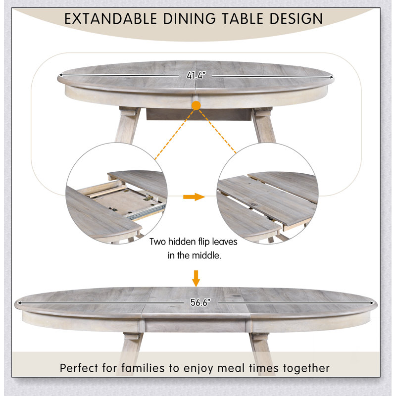 Wood Dining Table Round Extendable Dining Table for Dining Room 41.4"W x 29.8"H, Natural Wood Wash