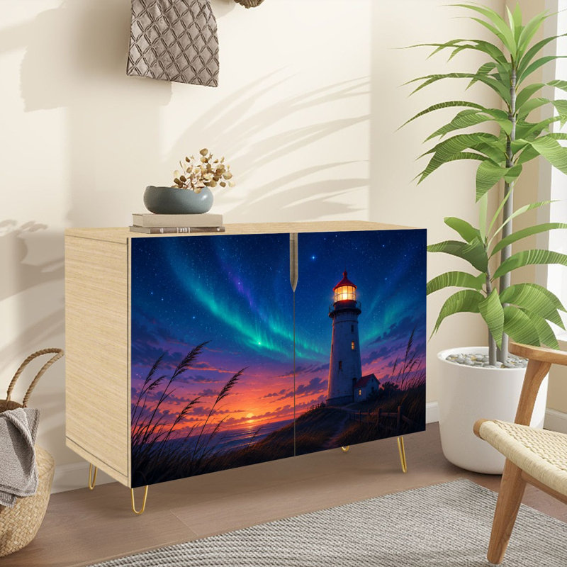 Buffet étroit de 35,4 po de largeur - armoire de rangement décorative 2 portes avec phare coucher de soleil Aurora Borealis Starry Sky Print et pieds en métal