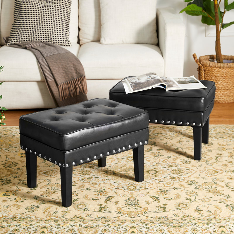 Faux Leather Ottoman, Black/Silver