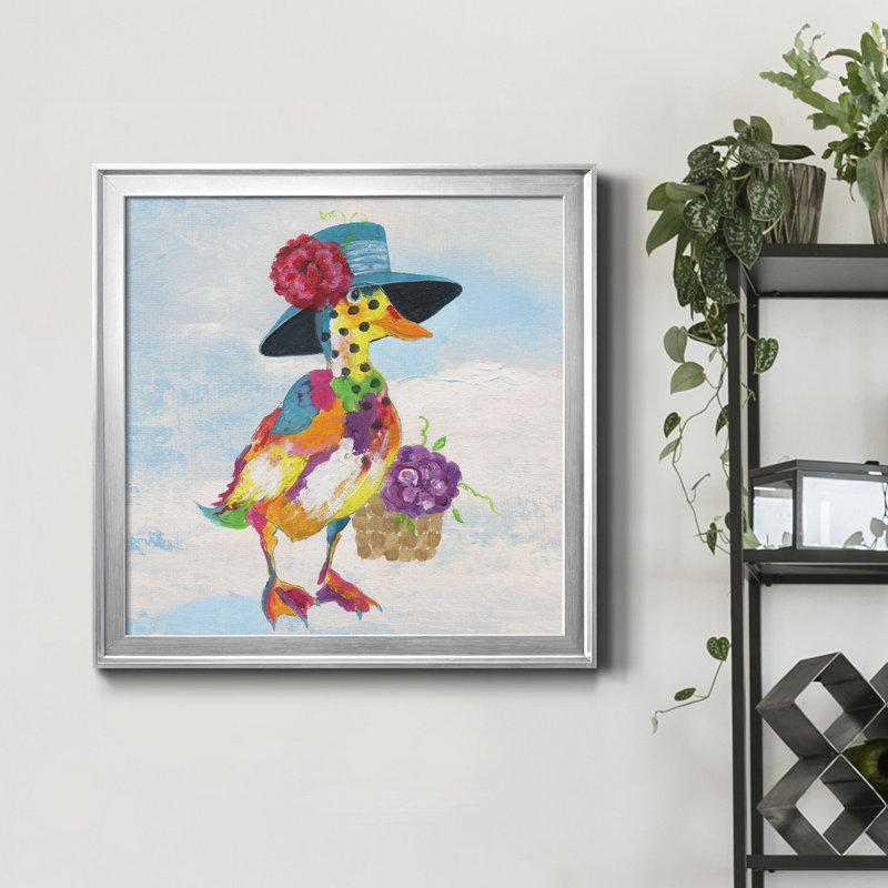Groovy Duck and Sky - peinture sur toile encadrée, H 34,5 po x l 34,5 po x P 1,5 po, Encadrement argenté