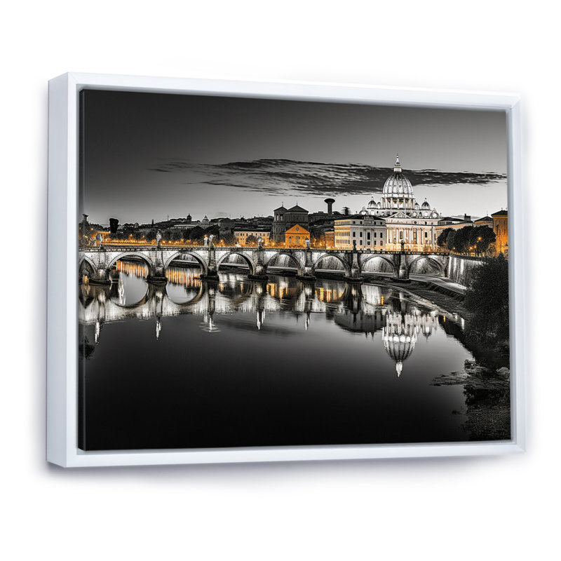 Paysage urbain de Rome noir et blanc sur toile, H 24 po x l 32 po x P 1 po, Cadre flottant blanc
