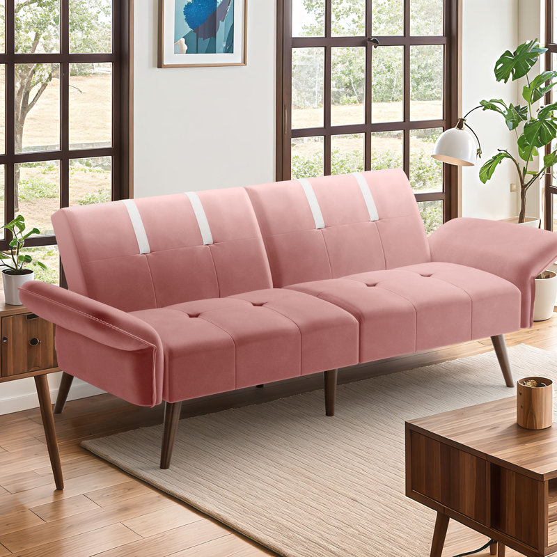 Leachville 79.53'' Velvet Convertible Sofa, Pink Velvet