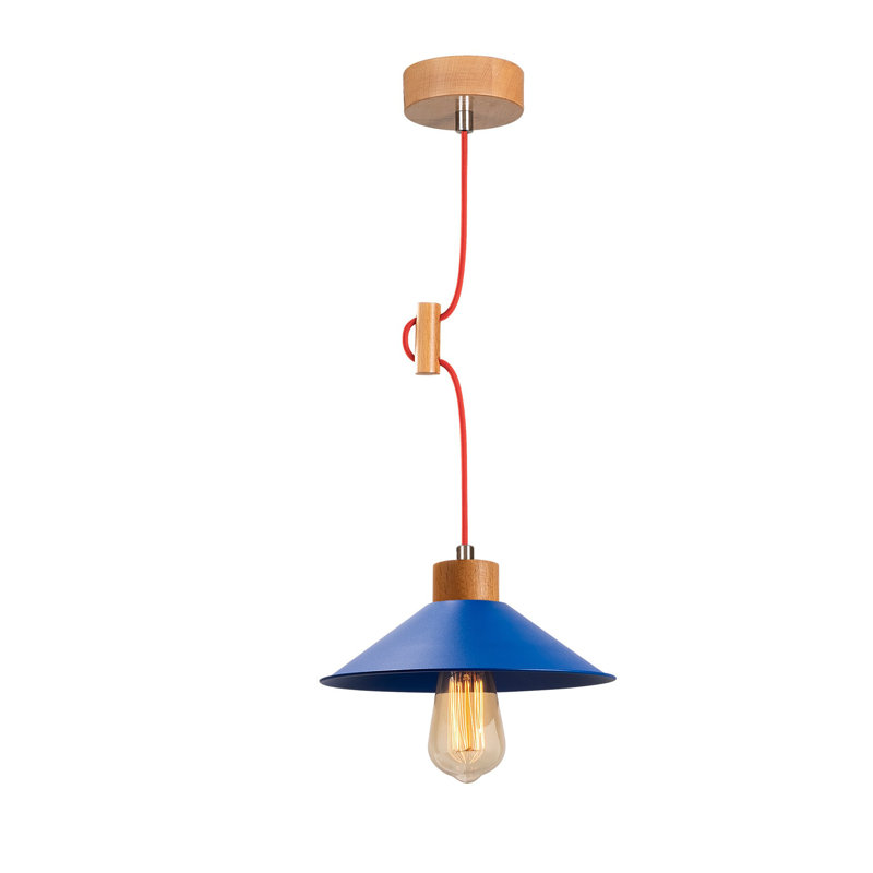 Luminaire suspendu conique à 1 lumière Hennessey, Bleu, Chêne / rouge