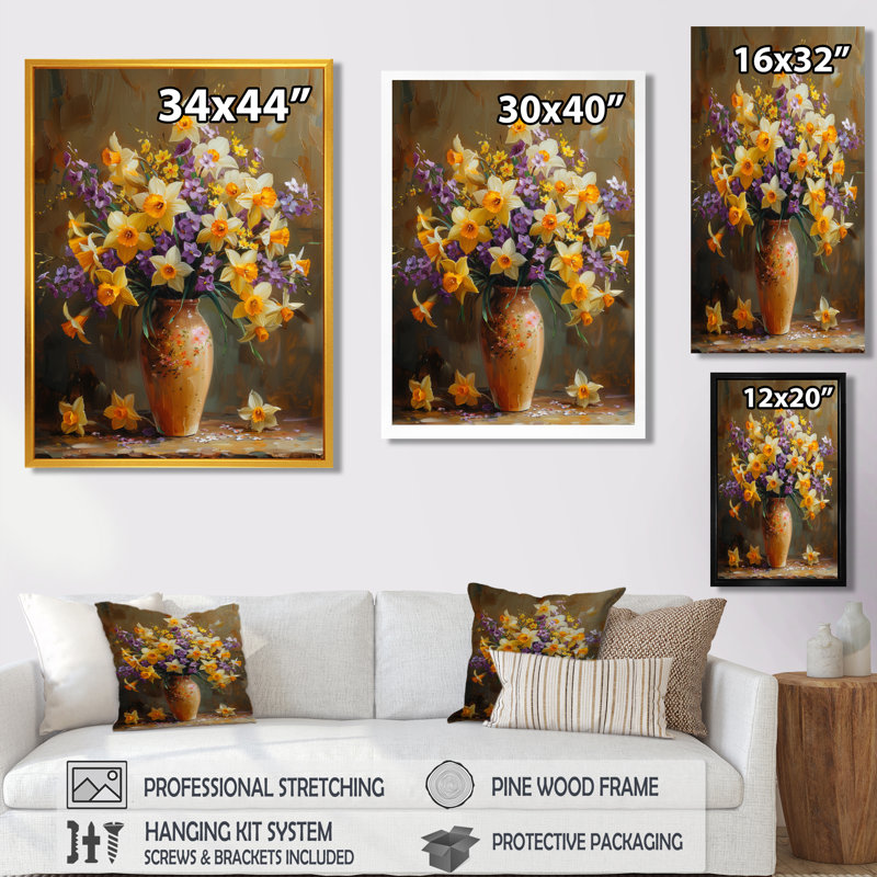 Jaune jonquille mauve délice jonquilles - jonquilles murales, H 12 po x l 20 po, Cadre simple noir