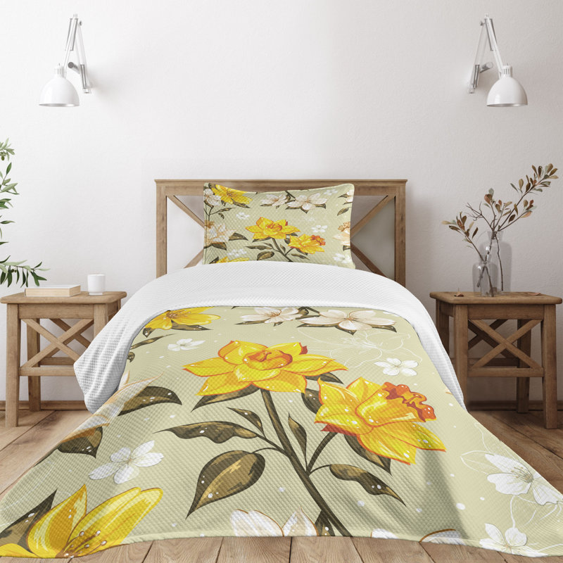 Ambesonne Spring Bedspread Floral Narcissus Branch, Twin Bedspread + 1 Standard Sham