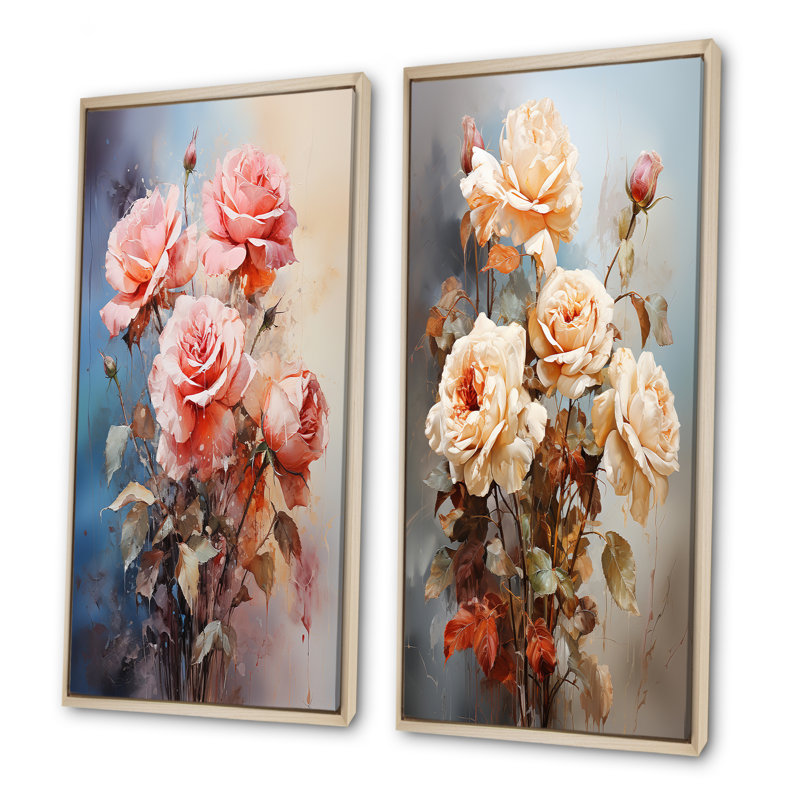 Harmonous Rose Bouquet - Roses, ensemble de 2 reproductions d'art mural, Cadre flottant brun, H 40 po x l 41 po