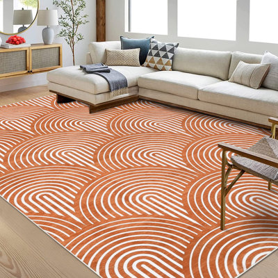 Washable Rugs for Living Room Contemporary Lines 8x10 Area Rugs Soft Non Slip Large Kids Bedroom Carpet Indoor Modern Abstract Stain Resistant Carpet for Dining Room Orange