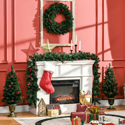 4 Christmas Adornment : Warm White , Red Berries, Pine , , 2 Entrance Saplings Decor Series With : Deck Trees