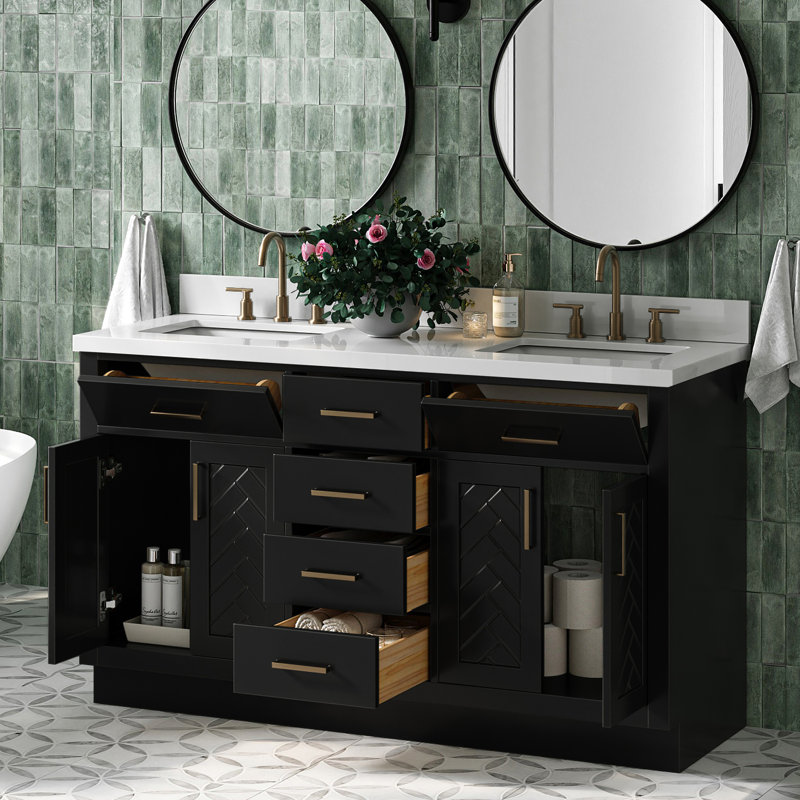 Chevron 61 Inch Double Rectangle Vanity Bathroom Vanity with Pure White Quartz Countertop 1.5 Inch in Black, Rectangle, Black