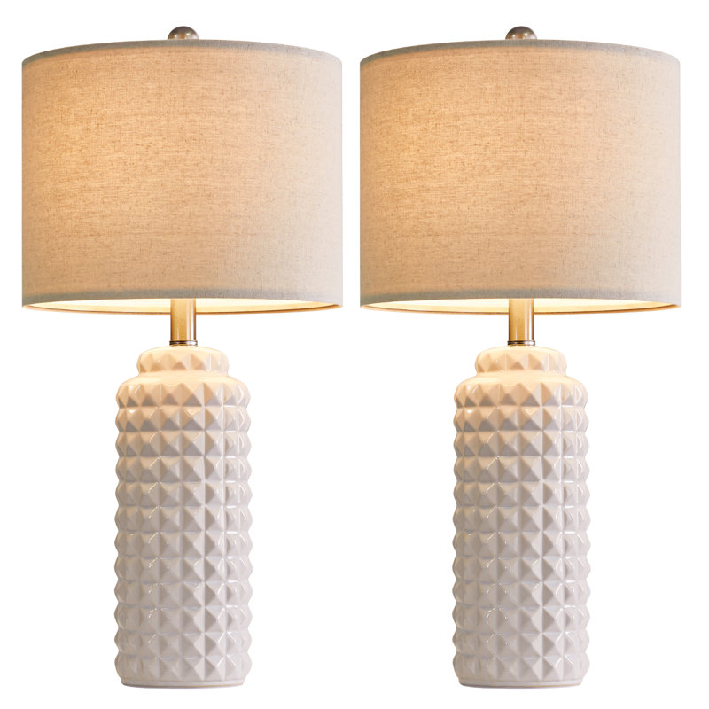 White Ceramic Table Lamps with Beige Linen Shades, Set of 2