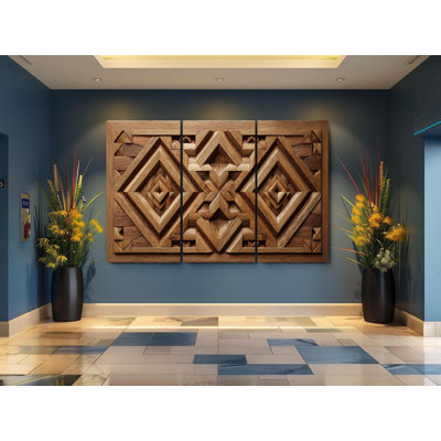 Reproduction d'art géométrique en bois sculpté sur toile, 3 pièces d'art mural rustique - décor de ferme à motif tribal - faux signe de texture en bois, reproduction de peinture