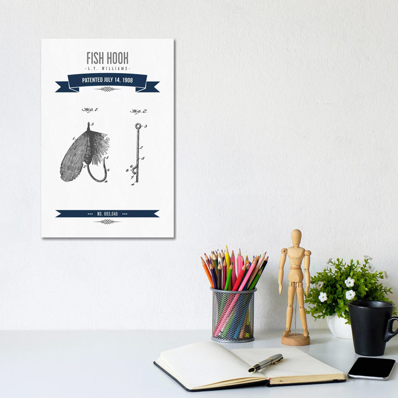 L.Y. Williams Fish Hook Patent Sketch Retro (Navy Blue) by Aged Pixel - Wrapped Canvas Print, 20.32 cm H x 30.48 cm W