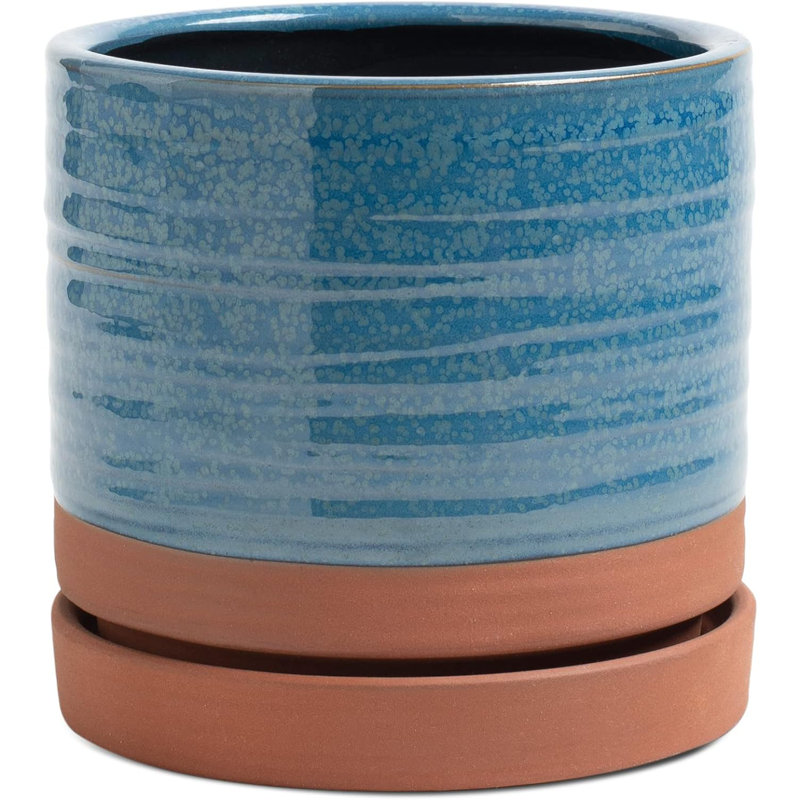 Pot à fleurs en céramique 6 "avec drain et soucoupe bleu turquoise et rouge terre cuite