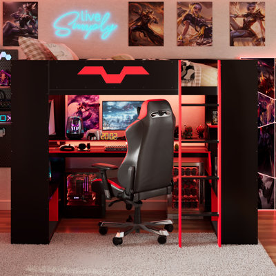 Full Size Wood Loft Bed with Power Outlet & USB/Type-C Ports, Integrated Cable Management, and RGB Light, Red
