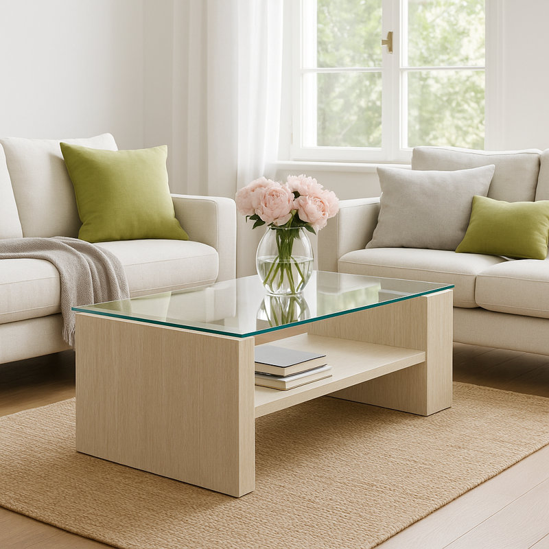 Table basse avec plateau de rangement rectangulaire en verre Meridian - 43 po x 24 po x 17 po