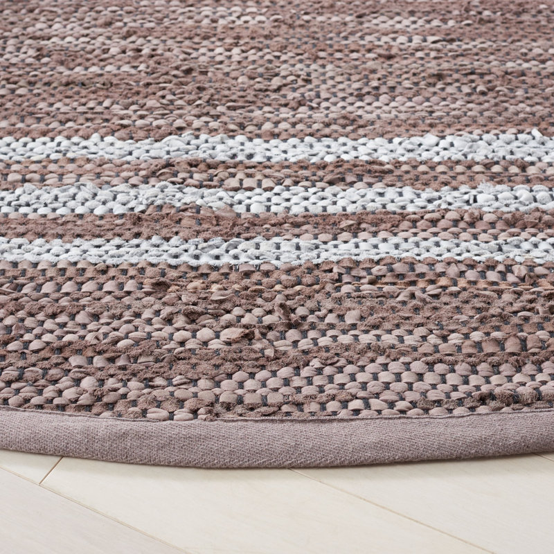 Riehle Hand Woven Leather/Cotton/Jute Rug in White/Gray, Round 7'