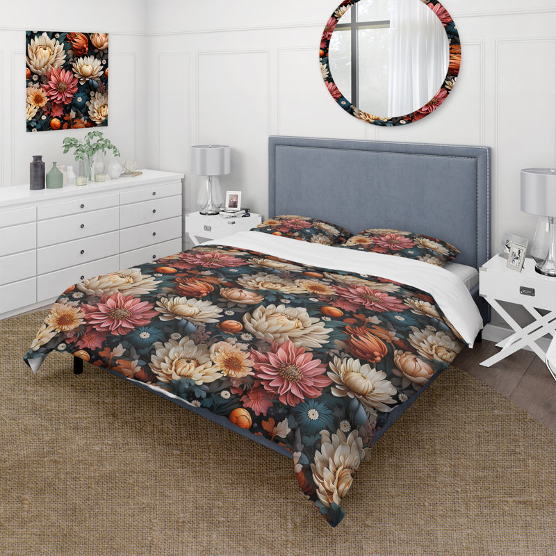 Ensemble de housse de couette à motif floral bleu coquelicots multicolores, Housse de couette pour très grand lit et 2 très
