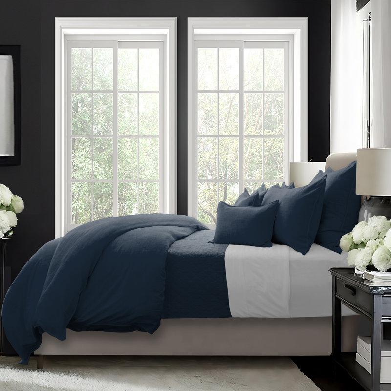 Elsie Linen Look Coverlet 8 Piece Designer Set, King Coverlet/Bedspread + 7 Additional Pieces, True Navy
