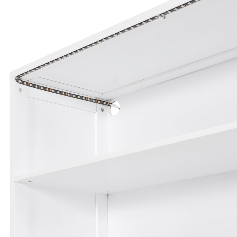 Lit de jour double en bois avec trois tiroirs, bureau, tablettes et lumières, blanc, Blanc / Blanc