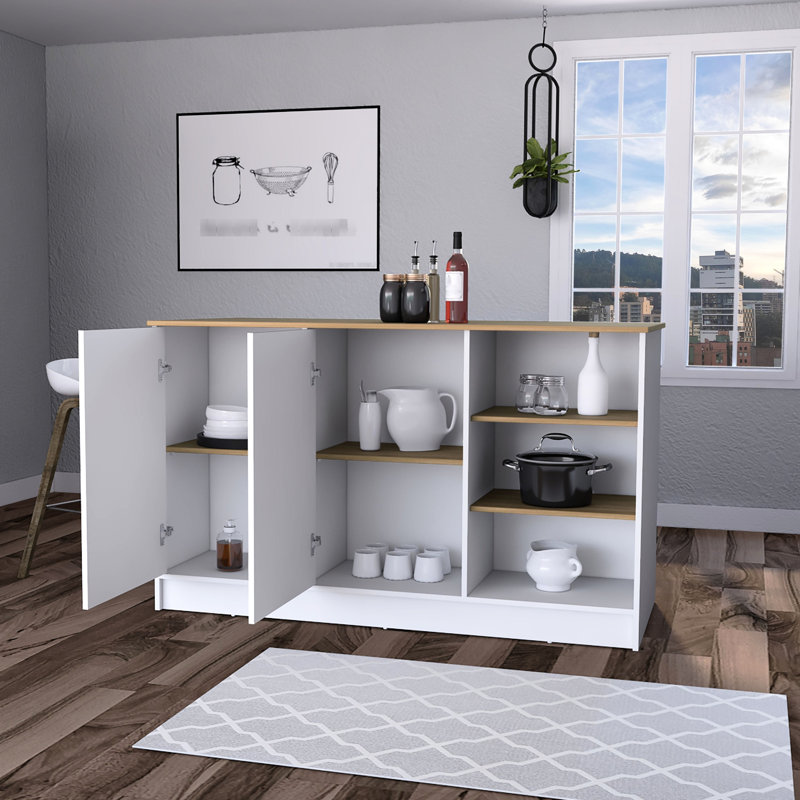 Kitchen Cart With 35.6-Inch Height For Convenient Use High Island Open Shelves In White And Ash