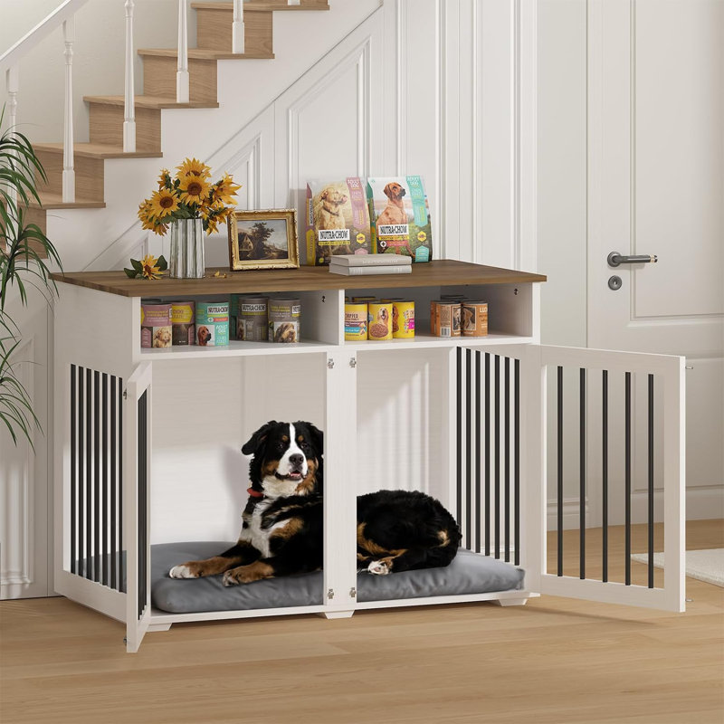 Dog Crate Furniture with 2 Doors, White/Brown, 35.03" H x 41" W x 23.62" D