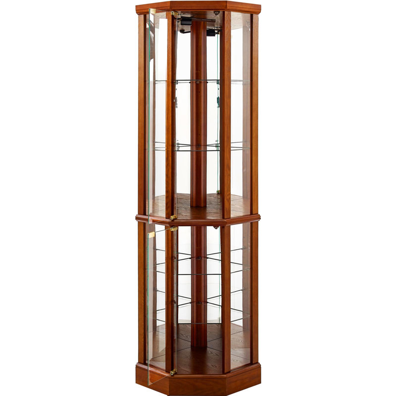 Adjustable Glass Shelves Curio Cabinet With Mirrored Back, Oak Pattern 6 Shelf Cabinet, Oak, Tempered & Back Style, Oak
