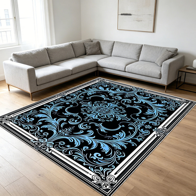 1PC vintage ornate damask blue black floral border area rugs for Living Room, Soft, All seasons, Easy-maintain, Washable Indoor mat, Farmhouse suitable for dining table, bedroom, entryway, kitchen, home office, patio, Home Decor, Outdoor Decor.