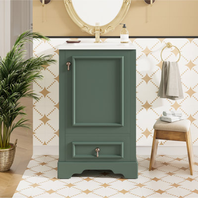 Meuble-lavabo de 20 pouces au design moderne avec lavabo en céramique, organisateur de porte et structure en bois massif à fermeture en douceur, tiroir pour rangement organisé
