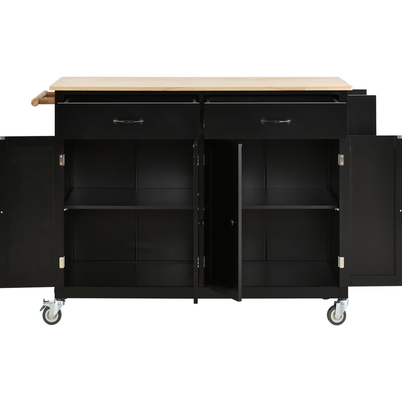 Chariot pour îlot de cuisine avec plateau en bois massif et roues verrouillables, largeur de 54,3 pouces, armoire à 4 portes et deux tiroirs, support à épices, porte-serviettes