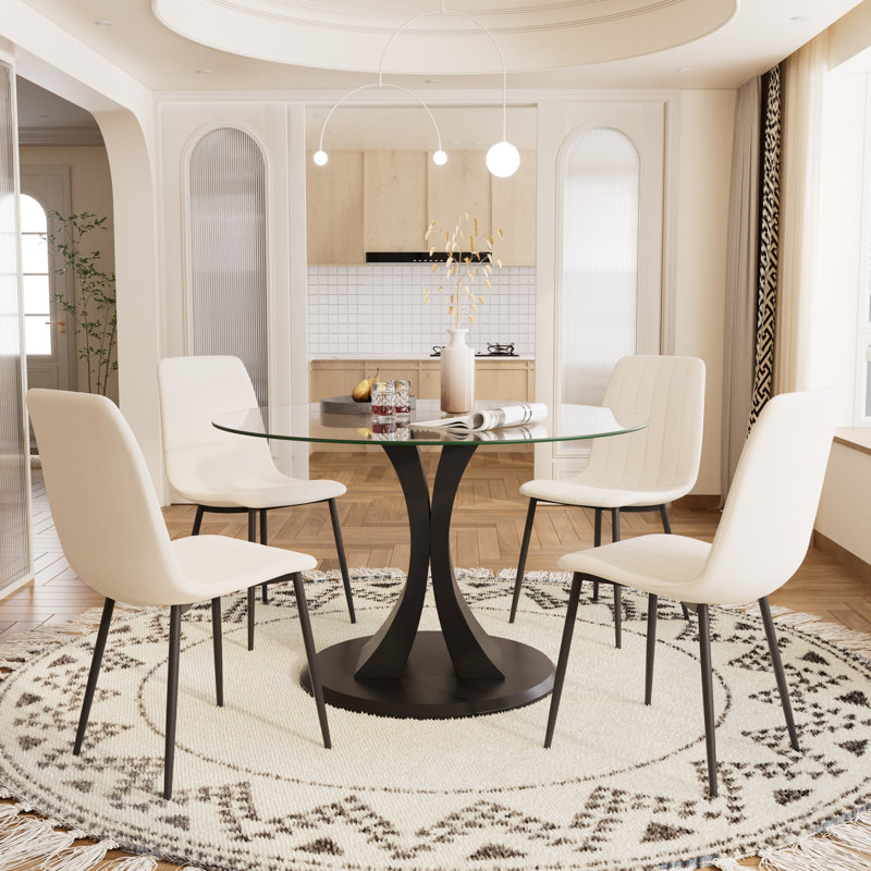 Ensemble de table ronde en verre trempé, 5, Beige