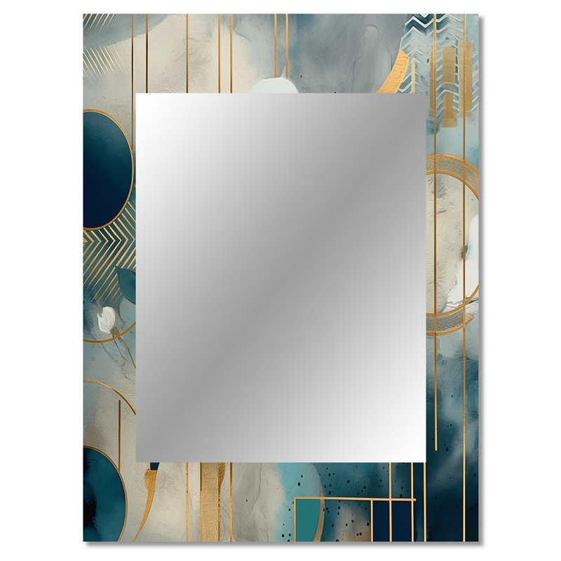 Golden Blue Mosaic Floral Design III - Floral Decorative Mirror, Traditional Large Wall Mirror, Printed Metal Art, 40" x 30"