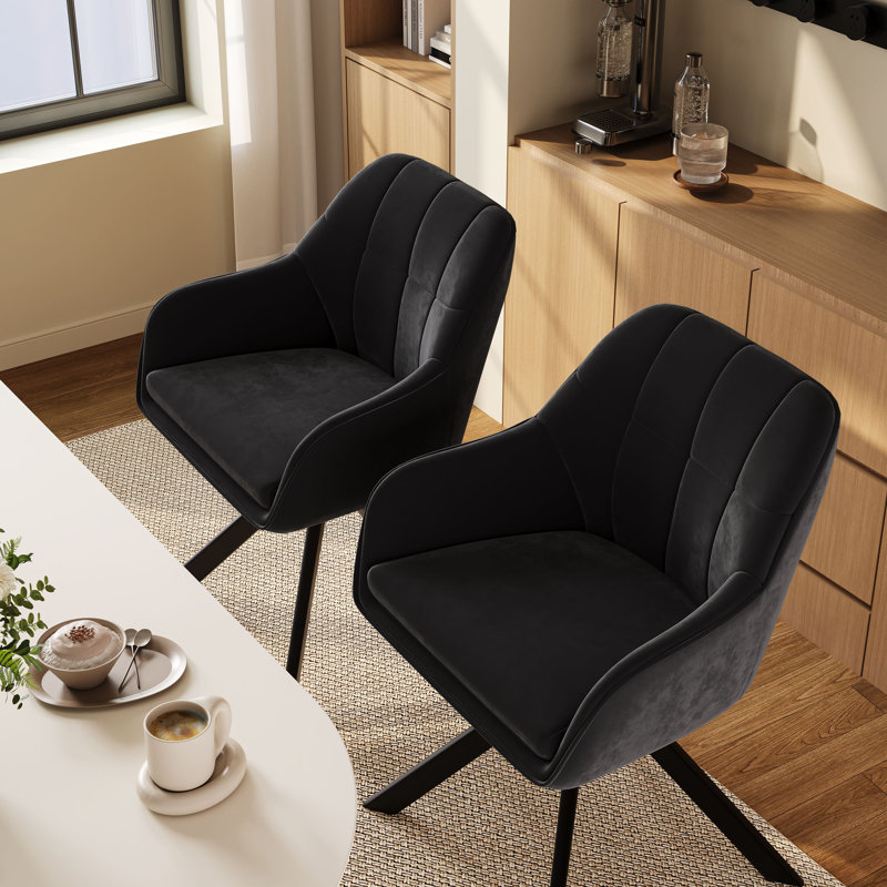 51cm H Upholstered Arm Dining Chair, Cream Chenille, Velvet