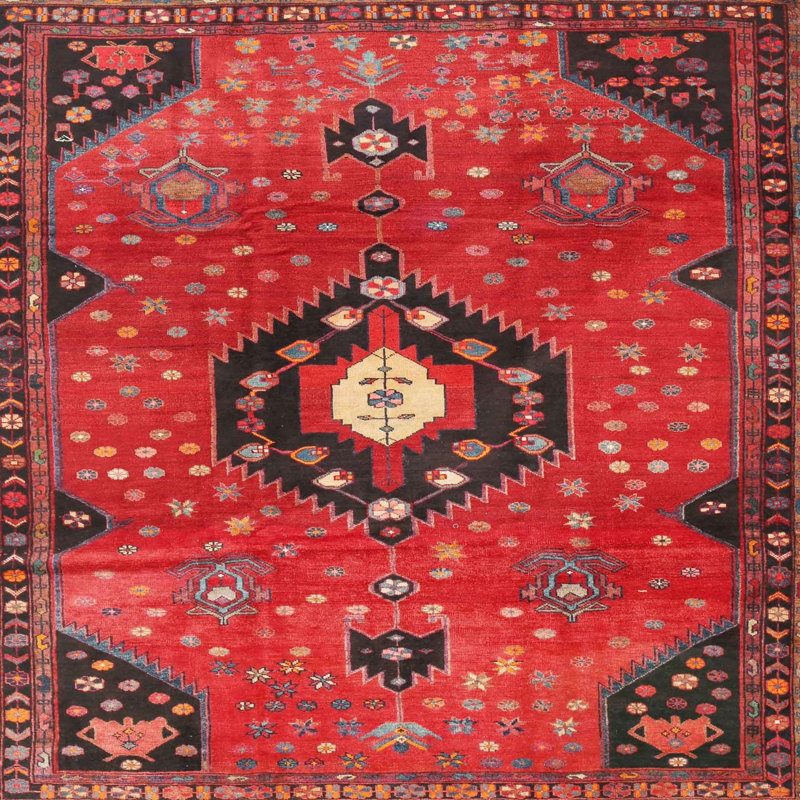 Tapis traditionnel rouge / vert, Carré 3 pi