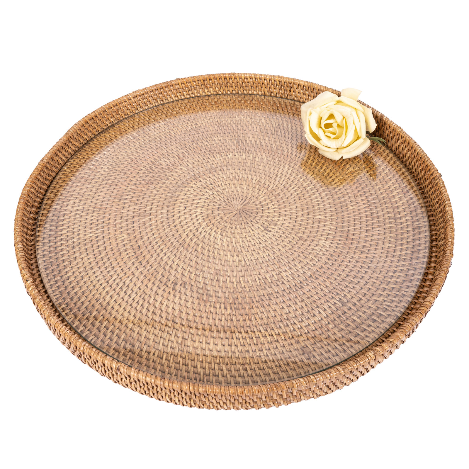 Round Serving-ottoman Tray with Glass Insert, 19" W x 19" D x 1.5" H, Honey Brown