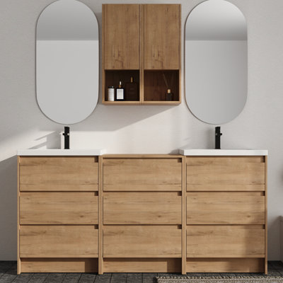 Meuble-lavabo double autoportant 72 po avec plateau de meuble-lavabo en résine et rangement mural 12 po Vowar