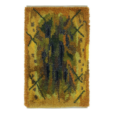 Vintage Swedish Rya Rug In Gold With Colorful Abstract Pattern - Rug & Kilim