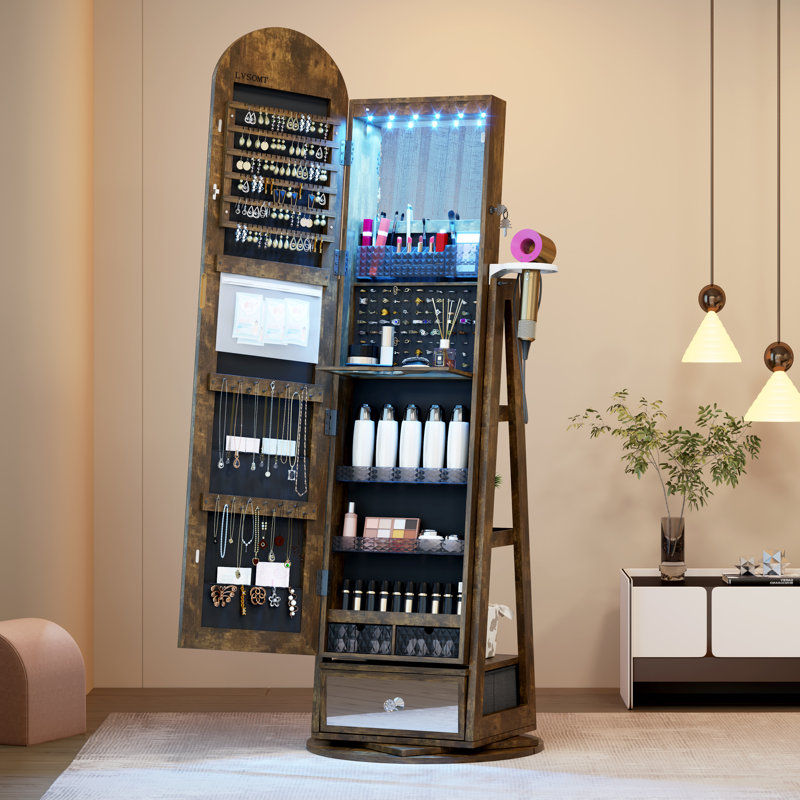 360° Swivel  Arched Jewelry Cabinet, Standing and Lockable Jewelry Armoire with Full-Length Mirror, Rustic Brown