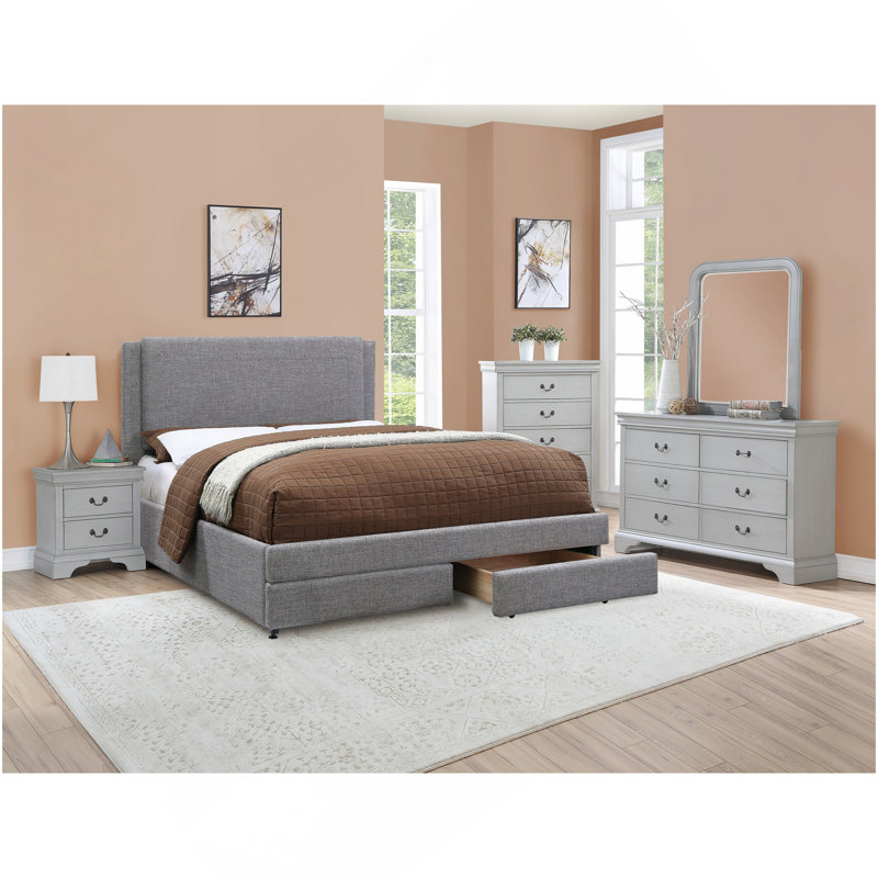 Ensemble de lit 1 pièce grand lit tapissier gris clair avec tiroirs de rangement FB, Gris clair, Grand lit