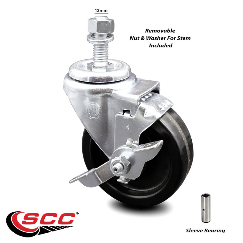 Roulettes pivotantes à tige filetée en acier inoxydable de 4 po avec roues pivotantes de 12 mm et frein SCC