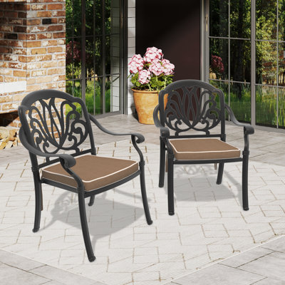 Cast Aluminum Patio Stacking Armchair 2PCS With Black Frame And Cushions In Brown Colors by Astoria Grand