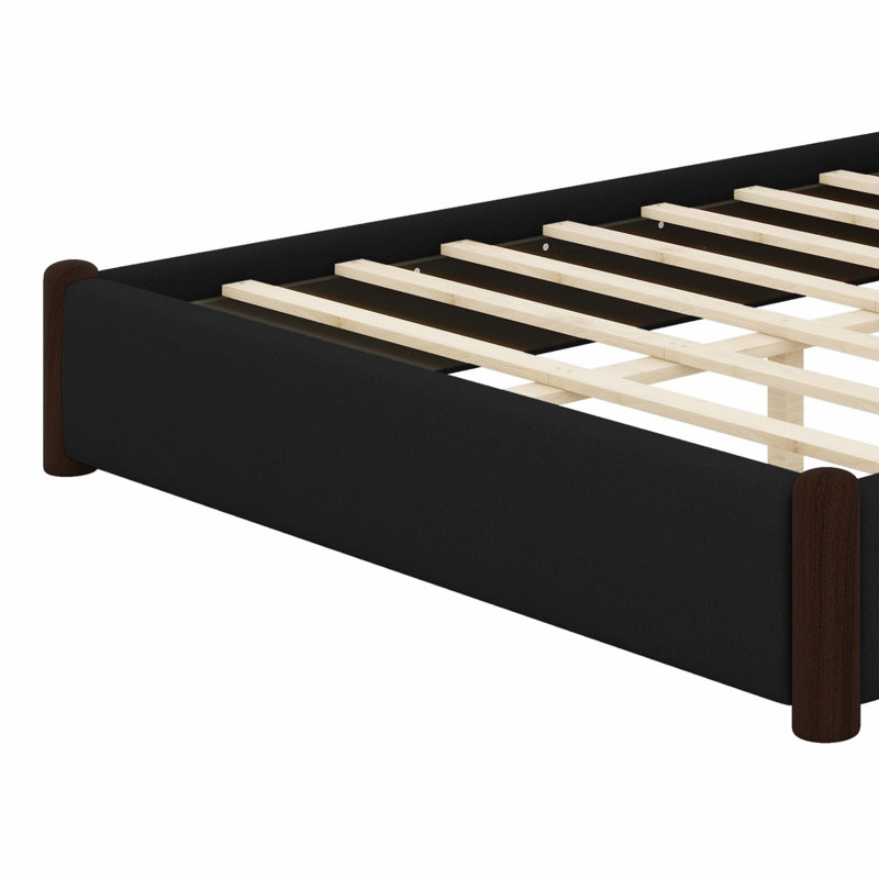 Lit plateforme tapissier à profil bas avec pieds en bois, Noir, Grand lit